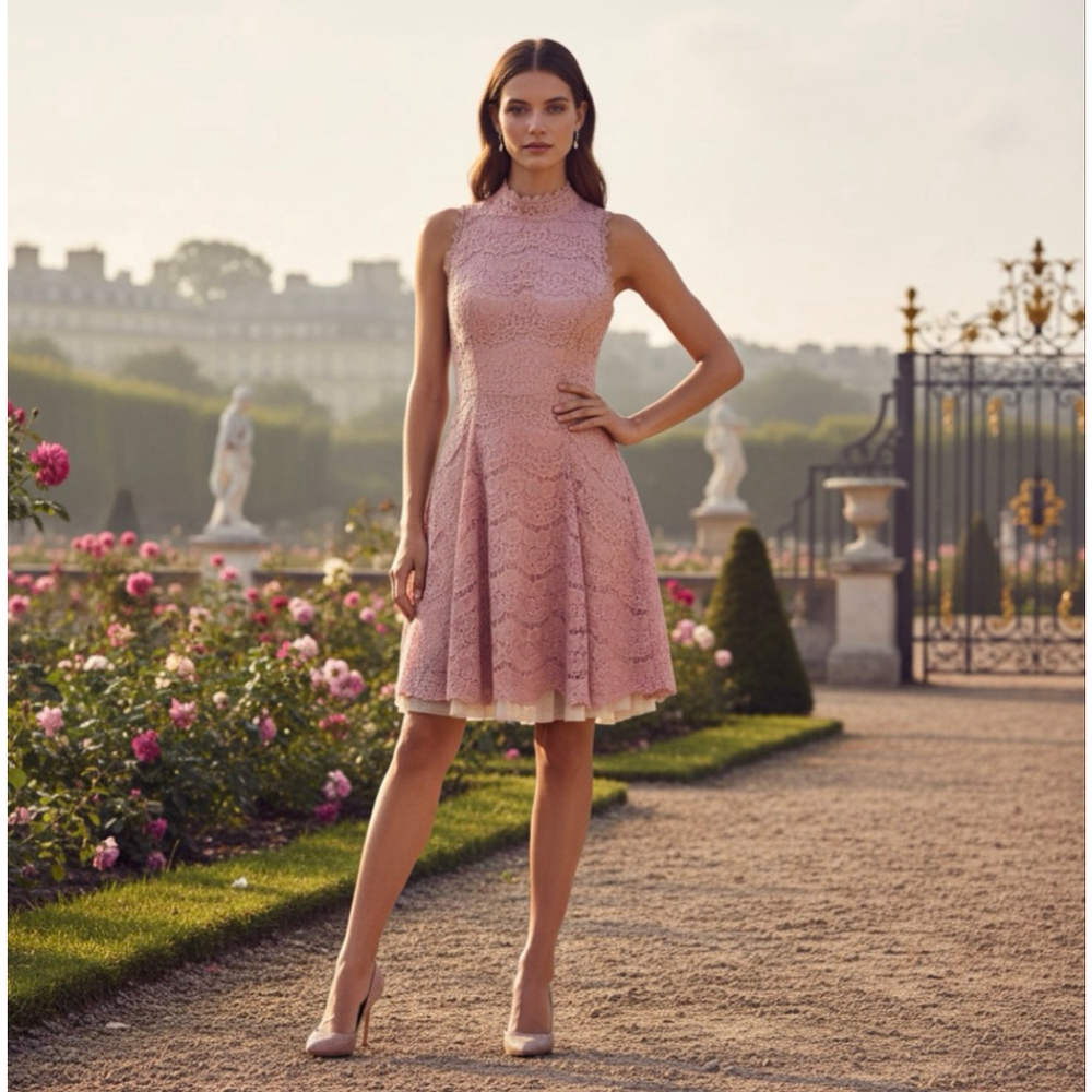 Trixxi Pink Nude Tulle Hem Lace Sleeveless Mockneck Fit & Flare Dress Small